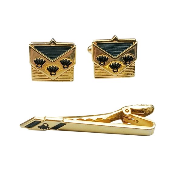 Anson Gold Tone Cufflinks & Tie Clip Set With Black Enamel Inlay - Picture 1 of 2